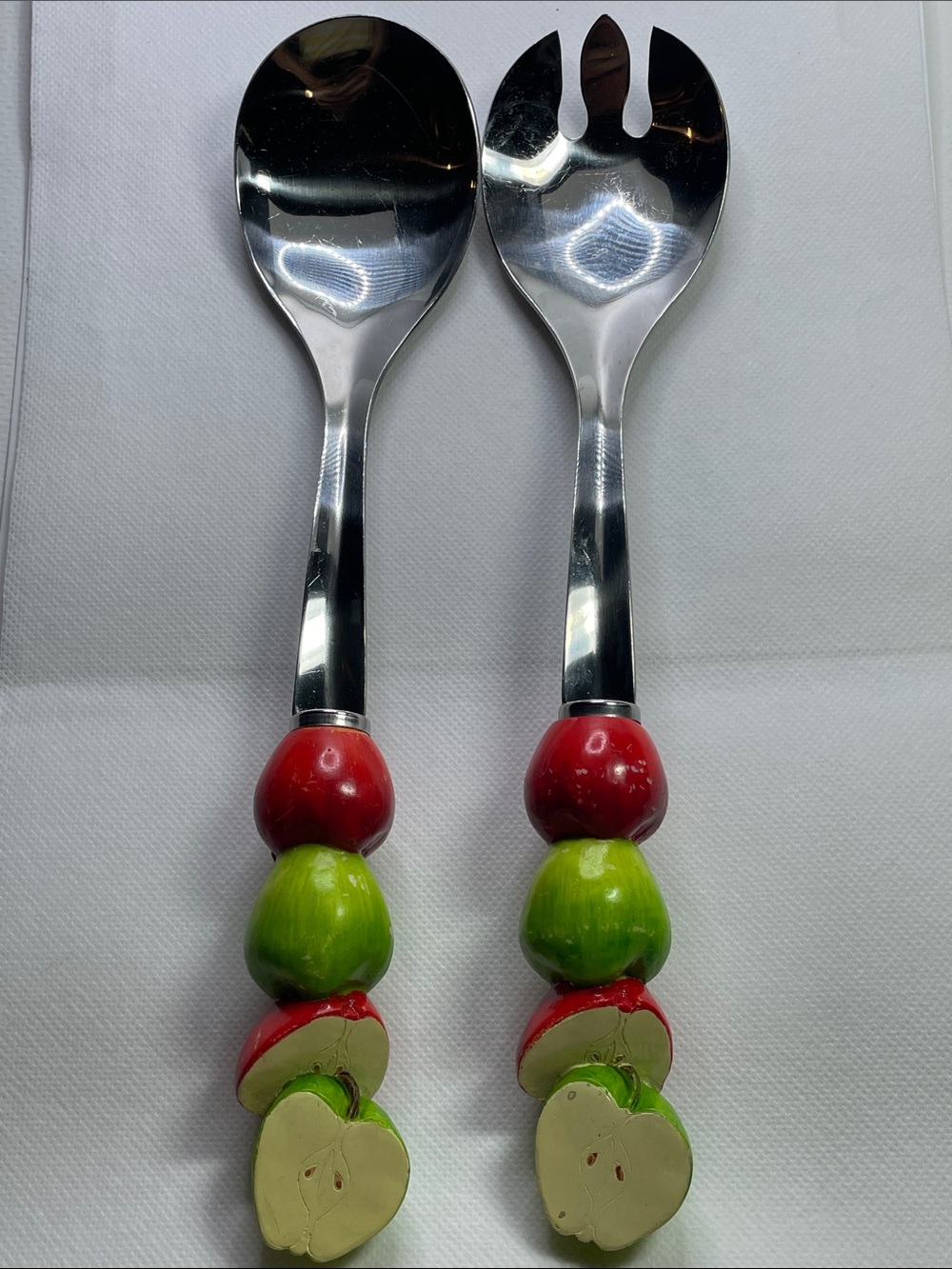 Vintage Fruit-Handle Stainless Steel Salad Serving Set - Red & Green